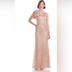 NWT JS Collections Women's Dakota Bow Mermaid Evening Gown in Rose Gold Size 8